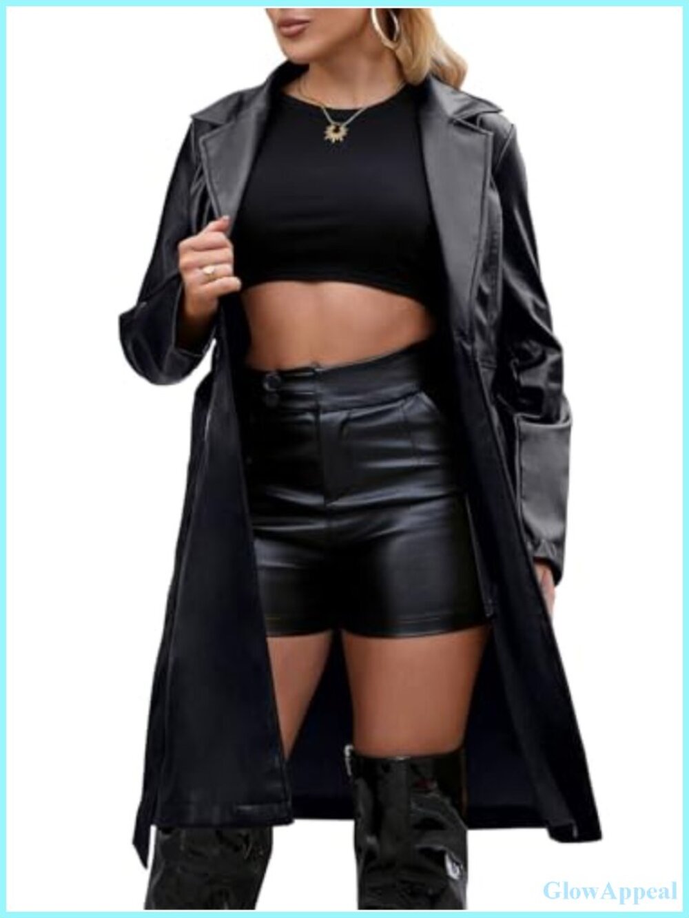 Women's Faux Leather Trench Coat Long Loose Button Front Motorcycle Jacket with